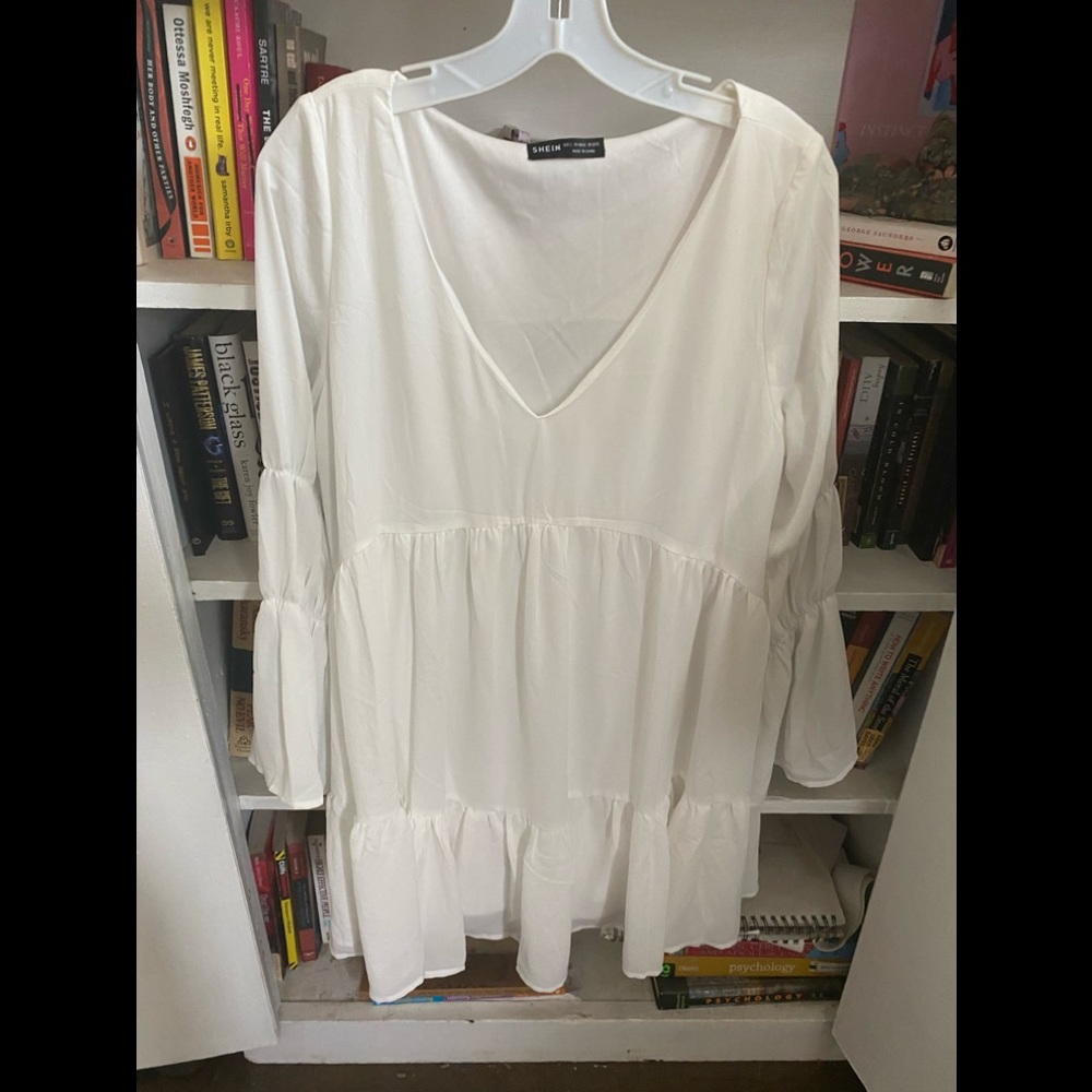 White tiered long sleeve mini dress